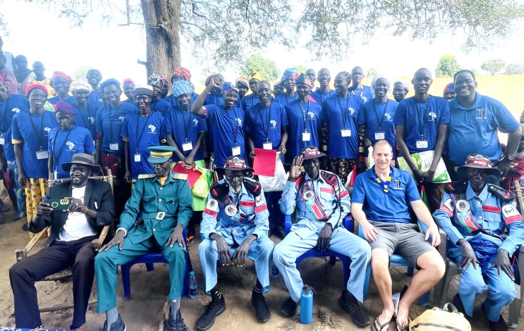 A group of people in matching outfits